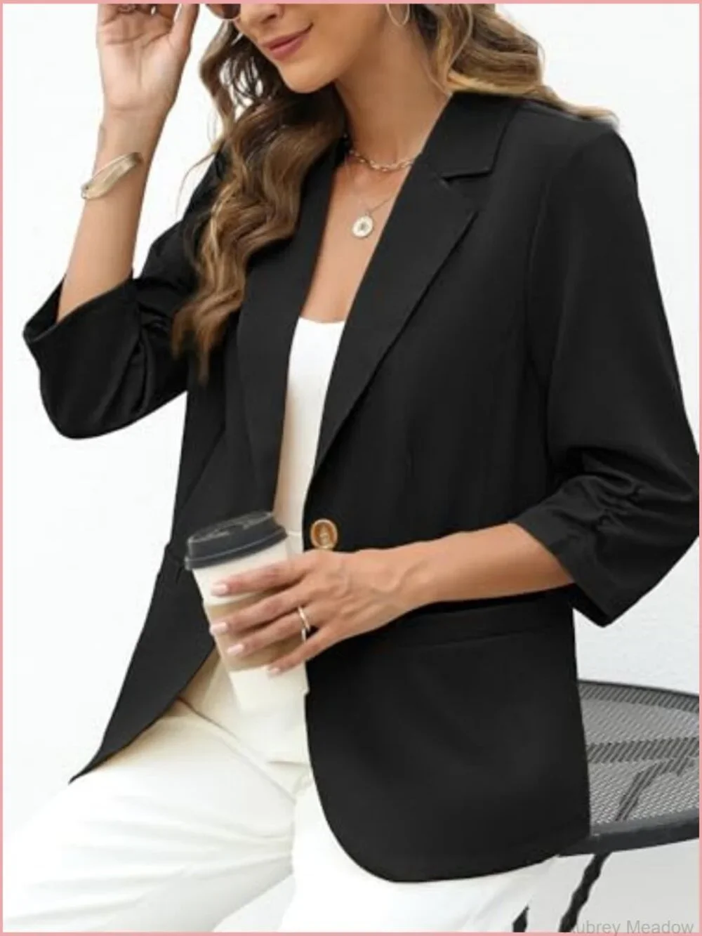 Linen Blazer 3/4 Ruched Sleeves Slim Fit Jacket with Pockets